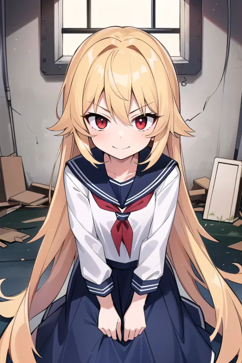 Yankee, blonde, Red eyes, Long Hair, very Long Hair, Sailor suit, night, smile, In an abandoned factory, anger, Glare, Long skirt, Waiting for the iron bat, One Girl,