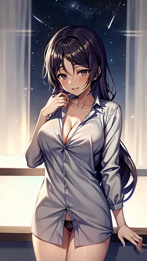 （ Super Quality , Ultra High Resolution,16k,super masterpiece,Ultra HD , detailed shading and background,）sexy older sister, long purple hair,sexy long sleeve white naked shirt, cleavage, only black panties on the lower body,blush,smile,Open your lips a li...