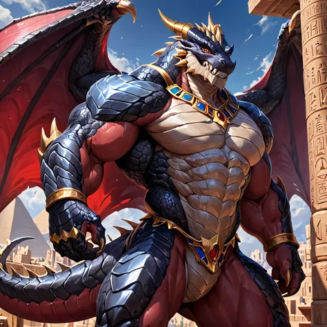 solo, male, humanoid, ultra details, Dragon, ultra detailed muscles, black scales, white belly, bodybuilder, black claws, muscular, ultra detailed slit eyes, red color iris, super detailed teeth, pecs, dragon wings, hind legs, tail, (Masterpiece, by null-g...