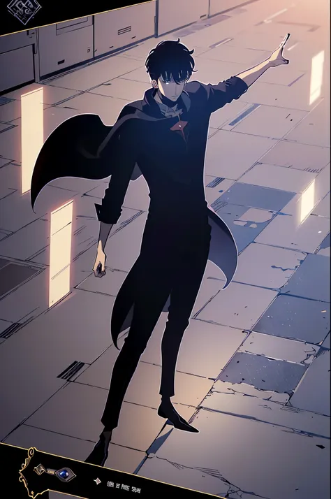 (best quality detailed image beautiful image 8K dramatic lighting) Art Manhwa masterpiece (digital art digital illustration) 24 year old man very handsome black hair ((distant expression black eyes perfect face perfect lines)) black clothes black cape, cha...