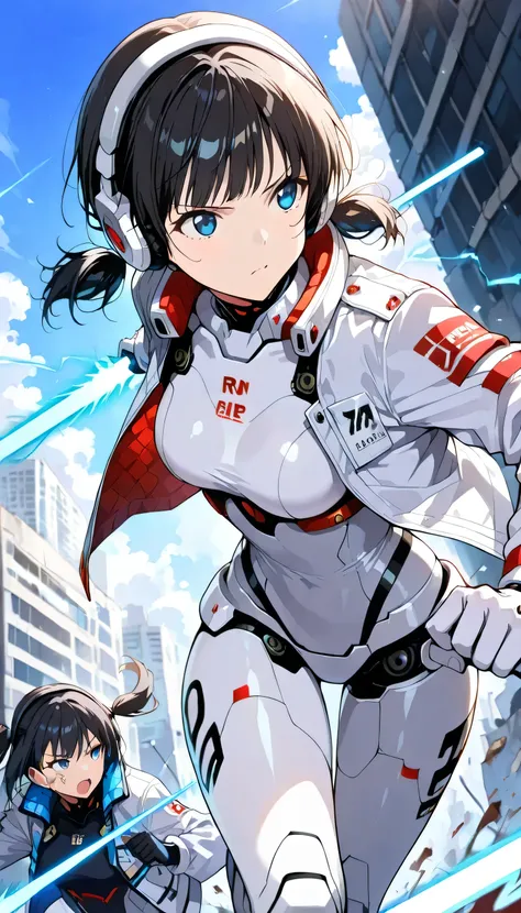 score_9, score_8_up, score_7_up, score_6_up, score_5_up, (masterpiece, best quality), ultra detailed, realistic, lighting, BREAK 1girl,18yo, blue eyes, ((white color Insert color red android suit)), ((white color Insert color black android jacket)),open ja...