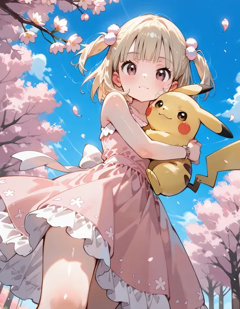 (dynamic angle,dynamic enjoy pose),from below, (looking at viewer),(closed up face+),alone,14years old,natural cosmetic,Blonde two side up ,blunt bangs,Adult older sister's face,cheek,Russian, sakura spring party dress, shiny skin,cute female face,Pokémon ...