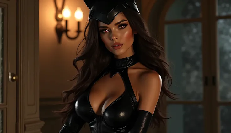 Sexy brunette girl with long hair red eyes dressed as a Catwoman fully fitted to the body without a mask with a full body neckline in a suitable environment with light