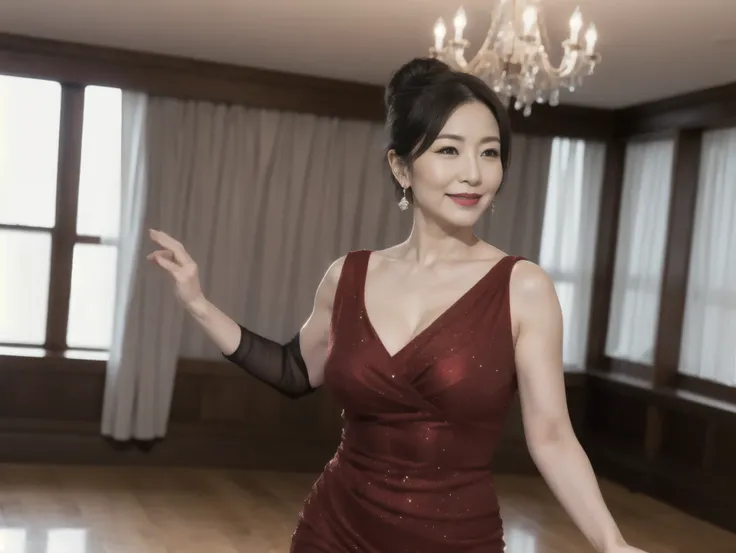 Japanese Mature Woman, solo, age 68, elegant and graceful, long black hair tied in a loose bun, few strands framing her face, deep brown eyes, well-defined cheekbones, slight wrinkles around eyes and lips, soft and full lips, fair smooth skin with a touch ...