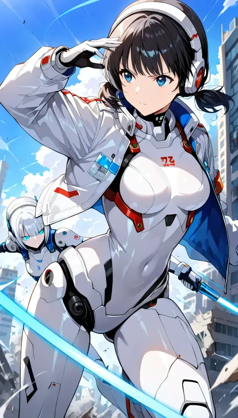 score_9, score_8_up, score_7_up, score_6_up, score_5_up, (masterpiece, best quality), ultra detailed, realistic, lighting, BREAK 1girl,18yo, blue eyes, ((white color Insert color red android suit)), ((white color Insert color black android jacket)),open ja...