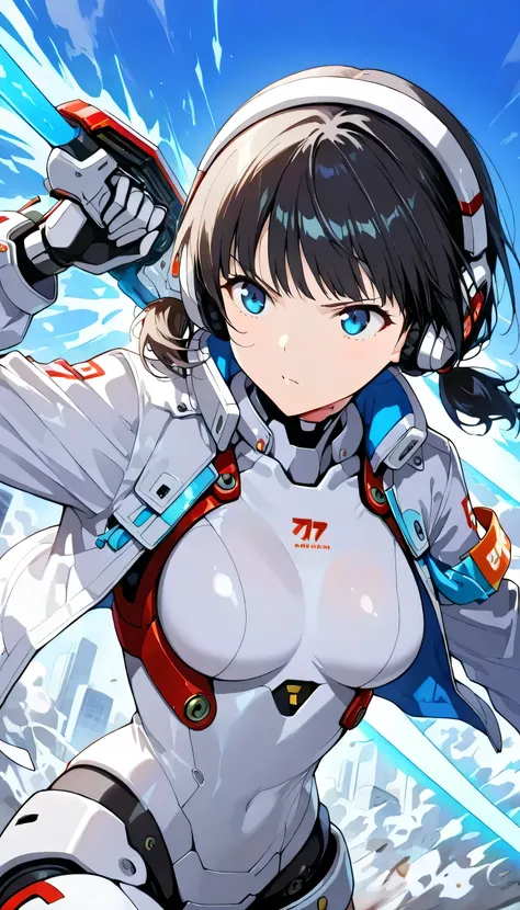 score_9, score_8_up, score_7_up, score_6_up, score_5_up, (masterpiece, best quality), ultra detailed, realistic, lighting, BREAK 1girl,18yo, blue eyes, ((white color Insert color red android suit)), ((white color Insert color black android jacket)),open ja...