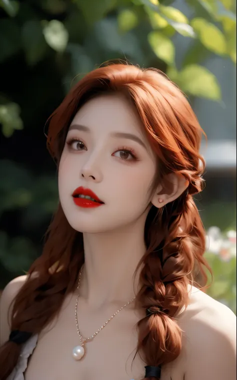 ((masterpiece, best quality)), insaneres, absurdres, solo, looking at viewer, 
NightGown_Lenore_ownwaifu,
1girl, long hair, red hair, red eyes, pointy ears, blush, breasts, cleavage, lips, red lips, collarbone,  fangs, lipstick, makeup, vampire, braid, flo...