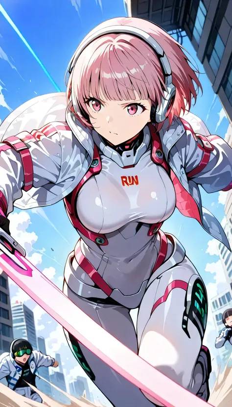 score_9, score_8_up, score_7_up, score_6_up, score_5_up, (masterpiece, best quality), ultra detailed, realistic, lighting, BREAK 1girl,18yo,pink eyes, ((white color Insert color pink android suit)), ((white color android jacket)),open jacket,Headphones, go...