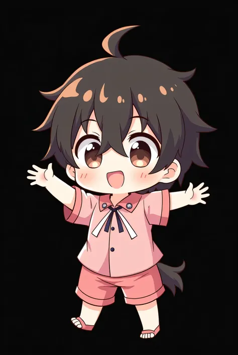  A male chibi character with dark brown hair , almost black, in a slightly messy style .  Her eyes are large and bright , expressing joy.  He wears a cute outfit in the color pink ,  composed of a shirt and other details that highlight the adorable aesthet...