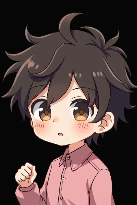  A male chibi character with dark brown hair , almost black, in a slightly messy style .  Your eyes are large and expressive ,  transmitting a neutral and calm expression ,  as if you were just talking to someone.  He wears a cute outfit in the color pink ...