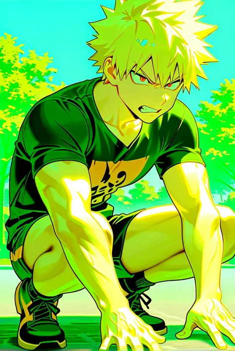 bakugo katsuki,  red eyes,  blond hair,  Detailed,  Detailed background,  short hair, wide shoulders ,  muscular male , 1 , Alone ,  male focus ,  black t-shirt, 8K, park background, sunny,  blue sky,  nubes blancas, by day,  front visor ,  angry expressio...