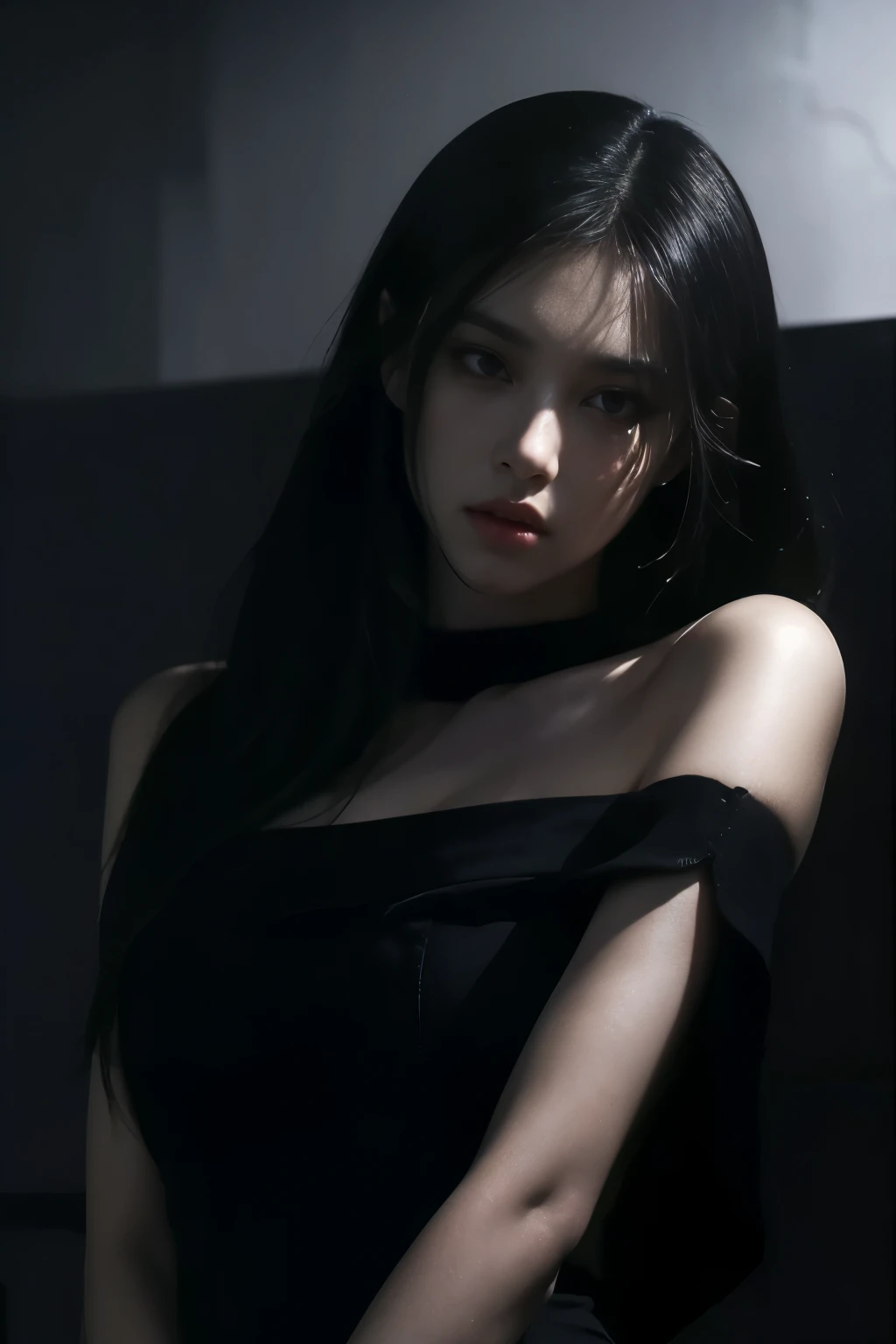 a beautiful girl standing tall, wearing a black dress, with long black hair, dark gray background that fits her outfit, (best quality,4k,8k,highres,masterpiece:1.2),ultra-detailed,(realistic,photorealistic,photo-realistic:1.37),highly detailed face, beauti...
