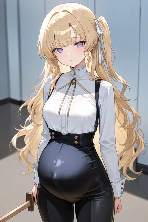 (Best quality, 4k, 8k, high resolution, masterpiece:1.2), ultra detailed, intricate details, SOLO, beautiful girl, alone, long wavy blonde hair, bangs, one side of her hair adorned with a white ribbon with gold stripes, lavender-blue colored eyes, small-me...