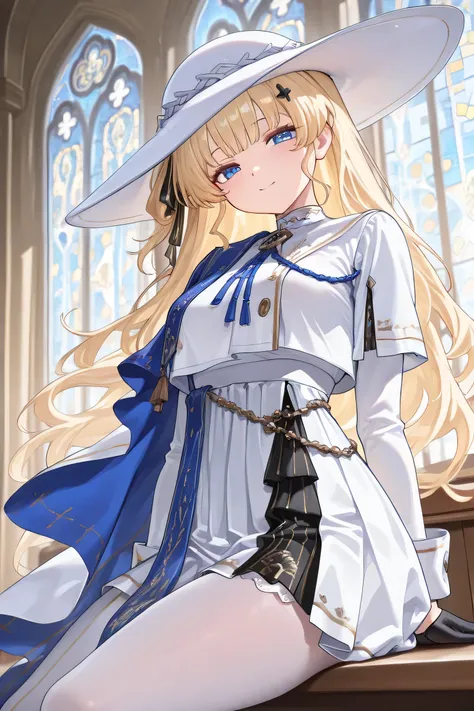 (Best quality, 4k, 8k, high resolution, masterpiece:1.2), ultra detailed, intricate details, SOLO, beautiful girl, alone, long wavy blonde hair, bangs, blue eyes, small-medium breasts, perfect smooth skin, looking at viewer, slight smile, head tilted, loos...