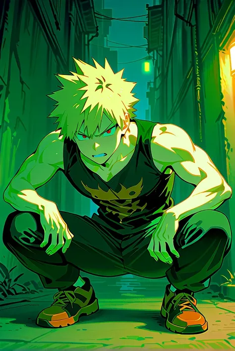 bakugo katsuki,  red eyes,  blond hair,  Detailed,  Detailed background,  short hair, wide shoulders ,  muscular male , 1 , Alone ,  male focus ,  black t-shirt, 8K, alley bottom,  front visor ,  angry expression ,  five fingers, afternoon,  young,  night,...