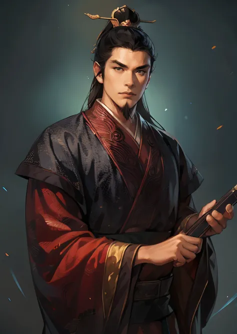 (((Maintain color ))), ((( picture style maintenance ))), (( Koei Three Kingdoms illustration style)), ((Maintain the composition)),  Attractive Man ,  dark background , (( black hair)),