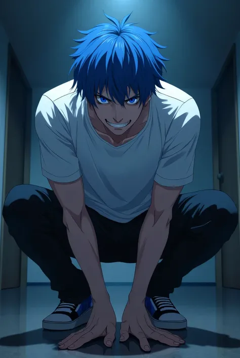  An adult male anime blue-haired male with blue eyes who wears a white t-shirt and black pants with an evil expression in a room at night,  squatting posture, squatting pose