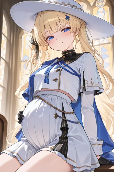 (Best quality, 4k, 8k, high resolution, masterpiece:1.2), ultra detailed, intricate details, SOLO, beautiful girl, alone, long wavy blonde hair, bangs, blue eyes, small-medium breasts, perfect smooth skin, looking at viewer, slight smile, head tilted, loos...
