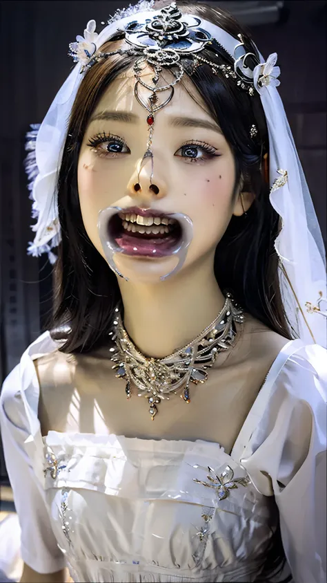 a beautiful young girl, extremely detailed eyes and face, ahegao, look up, long eyelashes, perfect white teeth,blue eyeshadow, nose hook piercing,super wide open mouth, drooling saliva, elegant, delicate, serene, flawless white skin, ornate jewelry, detail...