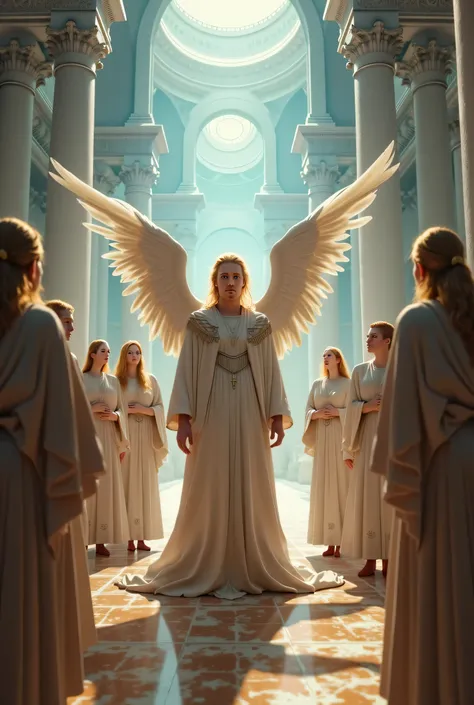 Lucifer speaks with a group of angels in Heavely court. Lucifer, male blond hair blue eyes, 3d 4k.