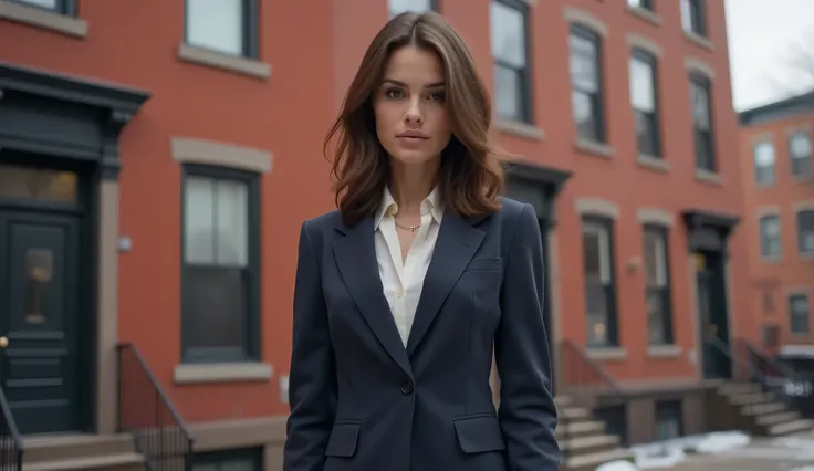 A 28-year-old white American woman with medium-length brown hair, wearing professional attire (a fitted blazer and skirt), standing confidently in front of a traditional brick apartment building in Boston’s Back Bay. She has a calm yet determined expressio...