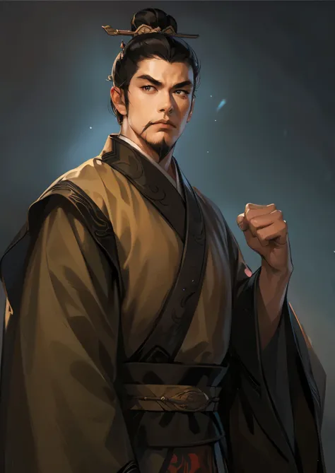 (((Maintain color ))), ((( picture style maintenance ))), (( Koei Three Kingdoms illustration style)), ((Maintain the composition)),  Attractive Man ,  dark background , black eyes, (( black hair)),