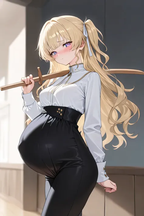 (Best quality, 4k, 8k, high resolution, masterpiece:1.2), ultra detailed, intricate details, SOLO, beautiful girl, alone, long wavy blonde hair, bangs, one side of her hair adorned with a white ribbon with gold stripes, lavender-blue colored eyes, small-me...