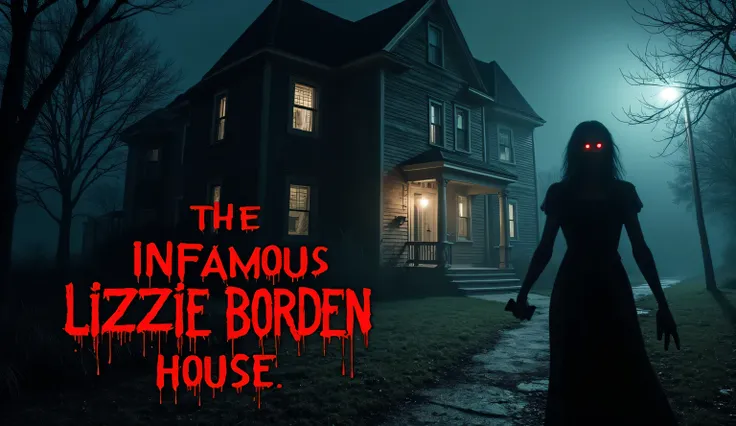 "A dark and eerie nighttime view of the Lizzie Borden House, its aged wooden structure illuminated by a dim, flickering streetlight. The windows glow faintly as if unseen eyes are watching from within. A ghostly figure—an ominous shadow of a woman holding ...