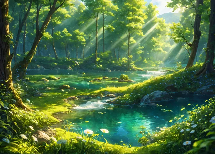 (forest, lake, day, sunny, spring, nature, green theme),
vibrant colors, dreamlike atmosphere, intricate details, ethereal lighting, ethereal beauty, magical visions, whimsical elements, mesmerizing surrealism, captivating imagination, awe-inspiring beau...