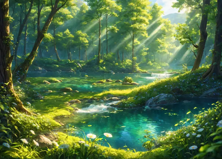 (forest, lake, day, sunny, spring, nature, green theme),
vibrant colors, dreamlike atmosphere, intricate details, ethereal lighting, ethereal beauty, magical visions, whimsical elements, mesmerizing surrealism, captivating imagination, awe-inspiring beau...