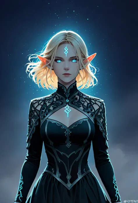 dark fantasy art, a picture of a fantasy, beautiful female elf, best detailed face,  pale skin, (blond: 1.2) hair, glowing eyes, blue eyes, wearing black dress, silk dress, intricate dress, reflection light, it is night time, the moon is in the sky, a sens...