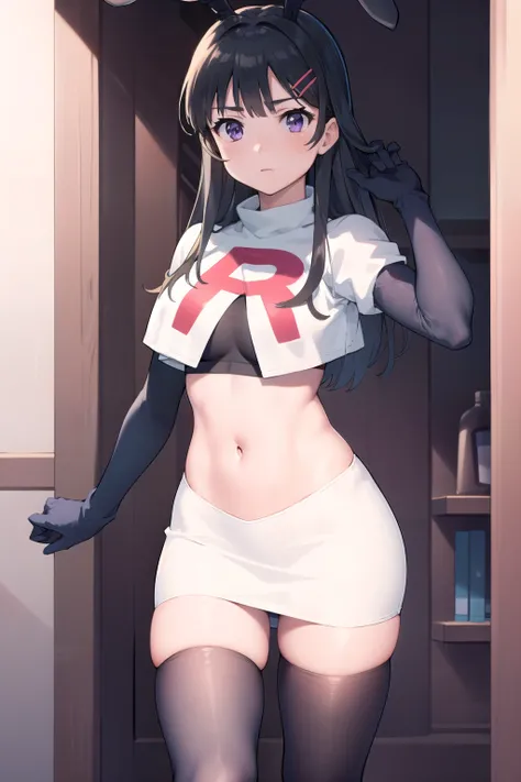 (masterpiece:1.2), best quality, high resolution, MaiSakurajima, 1girl, solo, long hair,bunny ears, black hair, hair ornament, purple eyes, hairclip, team rocket,team rocket uniform,white skirt,red letter R,crop top,black thigh-highs,black elbow gloves