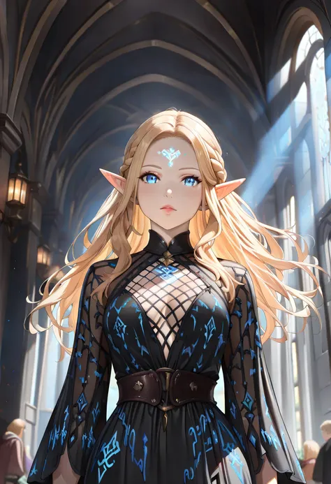 dark fantasy art, a picture of a fantasy, beautiful female elf, best detailed face,  pale skin, (blond: 1.2) hair, glowing eyes, blue eyes, wearing black dress, silk dress, intricate dress, reflection light, it is night time, the moon is in the sky, a sens...