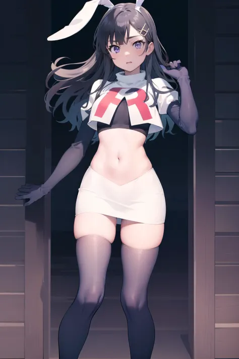 (masterpiece:1.2), best quality, high resolution, MaiSakurajima, 1girl, solo, long hair,bunny ears, black hair, hair ornament, purple eyes, hairclip, team rocket,team rocket uniform,white skirt,red letter R,crop top,black thigh-highs,black elbow gloves