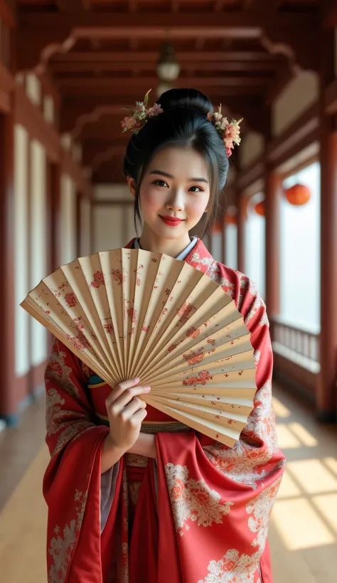 **Prompt:**     Create a symmetrically balanced wide-angle image that captures the essence of the ancient Tokugawa era in Japan. The focal point of the scene is a hyper-realistic and lively ancient Japanese woman, portrayed as a folk bust geisha. She exude...