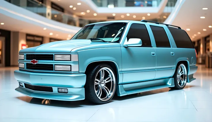 .A full (right left) view photo of a modified (1994 Chevrolet Tahoe) with a sleek, full design. Full (left right) view, The car is (cornflower) and has a (cornflower) . This car logo is displayed on the white grille. The car is parked on a white surface. T...