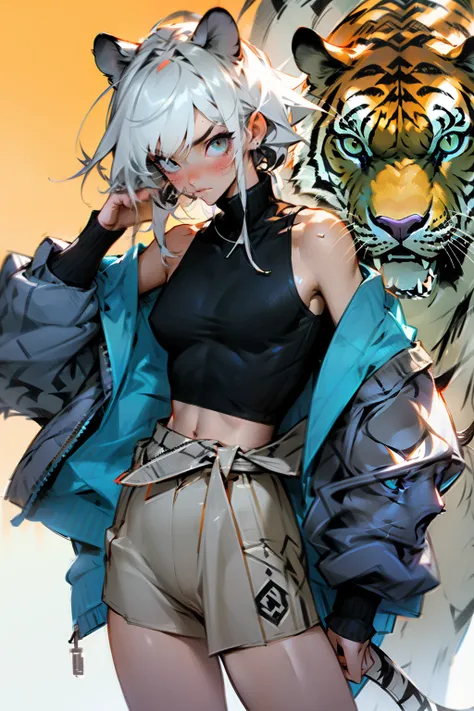 Albin Tiger Girl, lean and fit, White tiger ears and tiger tail, long white hair, tank top, jacket wrapped in waist,