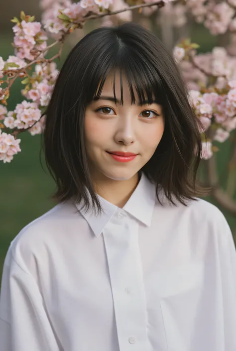 hamabe, (medium full shot), beautiful Asian girl with dark eyeshadow and eyeliner, red lips, shoulder-length hair, bangs, wearing white shirt, studio lighting, dslr, soft lighting, high quality, film grain, light reflections, blood vessels, pale skin, skin...