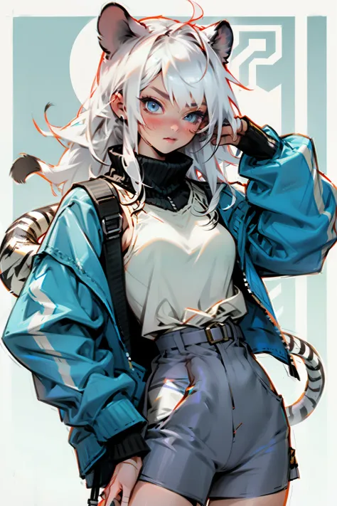 Demi human Girl, lean and fit, White tiger ears and tiger tail, long white hair, tank top, jacket wrapped in waist, school background 