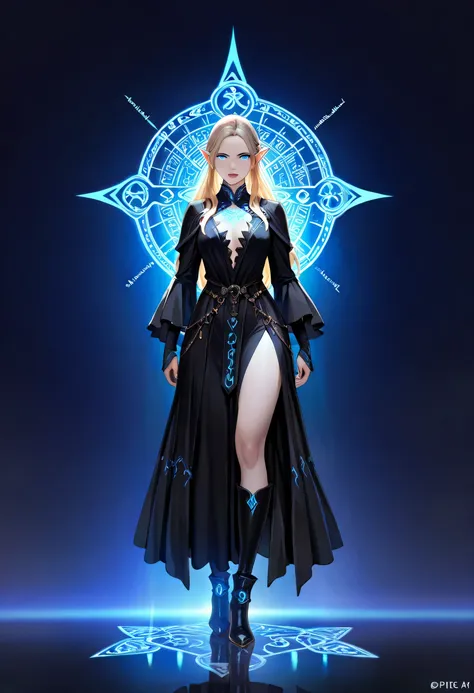 dark fantasy art, a picture of a fantasy, beautiful female elf, best detailed face,  pale skin, (blond: 1.2) hair, glowing eyes, blue eyes, wearing black dress, silk dress, wearing high heel boots, elegant boots, intricate dress, reflection light, it is ni...