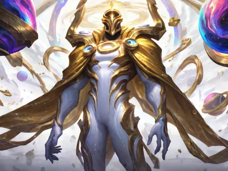 best aesthetic,lolsplashart,league of legends,body composed of galaxies,galaxy body,god like body,musclar body,final boss,golden attire,standing,white background,galaxies swirling inside body,cape, 