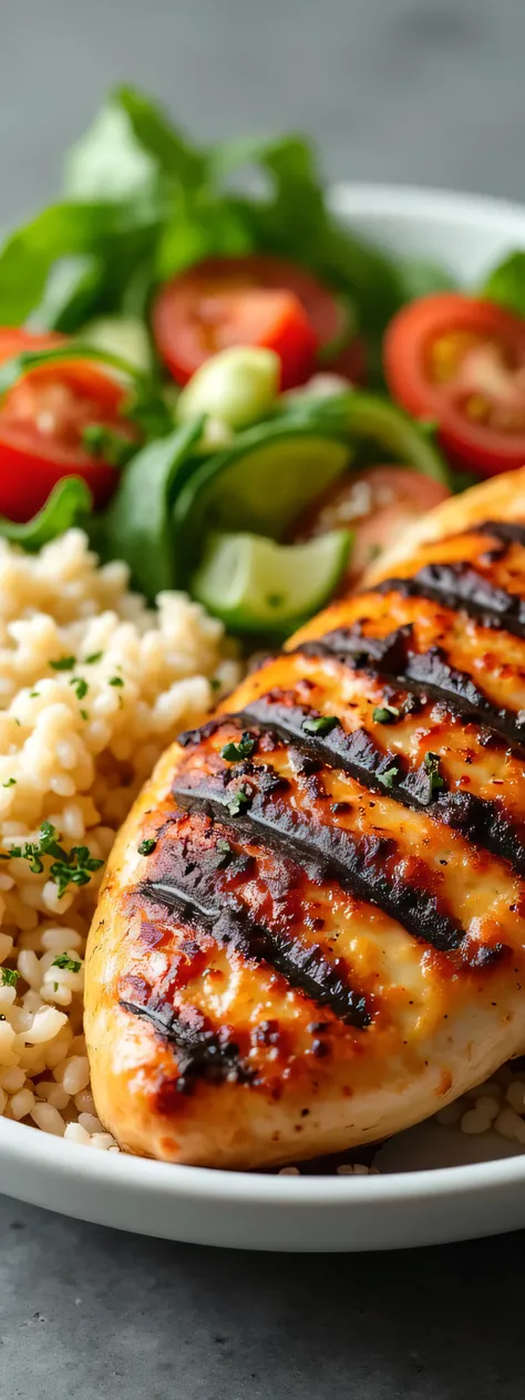 I'm creating an ebook about recipes, Generate an image of lunch with Grilled Chicken with Brown Rice and Salad ( image)