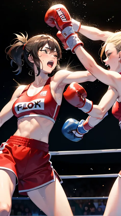 Boxing action Two women are boxing in the ring. The woman on the right hits the woman on the left in the cheek.. The woman on the left has her right eye closed, opening her mouth, and sweat.