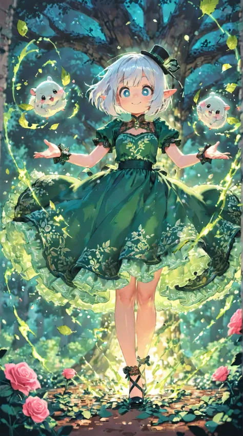 score_9, score_8_up, score_7_up, UHD, Masterpiece, amazing quality, very aesthetic, absurdres, ultra-detailed, 1girl\solo\(hamuko-chan, elf, silver bob cut,  mini hat\pink rose\lace, Intricate:1.3\Green leaf dress\frill, lace), (magic\wind & light & flower...