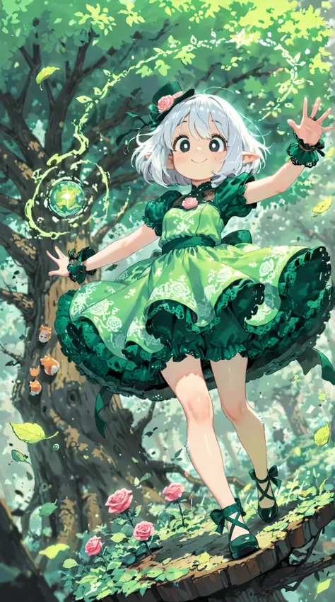 score_9, score_8_up, score_7_up, UHD, Masterpiece, amazing quality, very aesthetic, absurdres, ultra-detailed, 1girl\solo\(hamuko-chan, elf, silver bob cut, mini hat\pink rose\lace, Intricate:1.3\Green leaf dress\frill, lace), (magic\spilit of wind, smile...