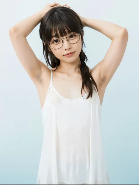 1girl, portrait, (glasses Japanese girl, hands behind head, hairy armpit exposed), (hairy armpits, armpit hair:1.4), ((white  camisole dress, lace)), skinny body, (flat chest:1.3), sweaty pale skin:1.2, (glasses, glossy cod lips:1.2, smile, blush), white w...