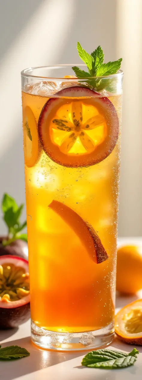 I'm creating an ebook about recipes, Generate an image of healthy drinks with Passion Fruit Iced Tea ( image)