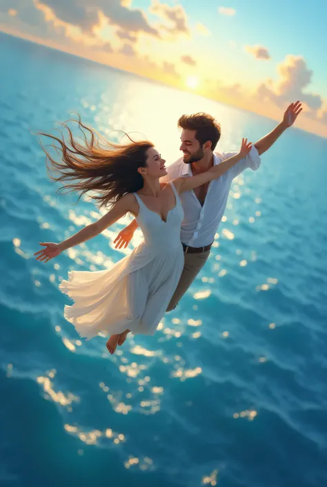 A woman and aman fly over in he sea and their hair was blowing in the winf