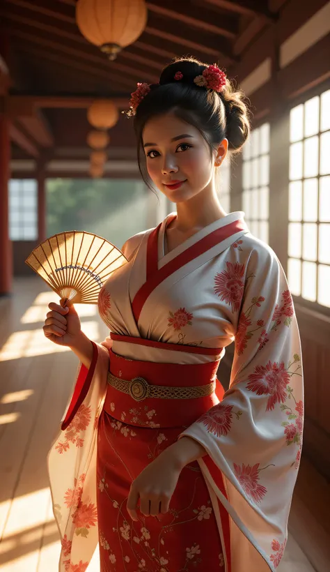 **Prompt:**     Create a symmetrically balanced wide-angle image that captures the essence of the ancient Tokugawa era in Japan. The focal point of the scene is a hyper-realistic busty and lively ancient courtesan geisha Japanese woman, portrayed as a folk...