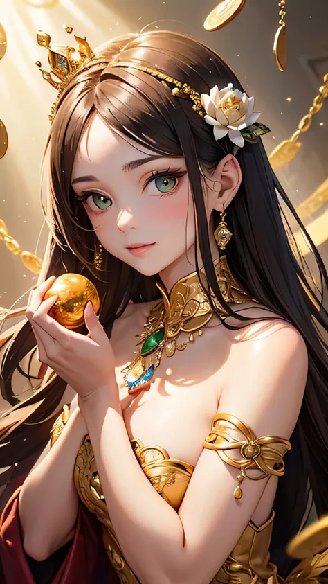 A hyper-realistic close-up of a Fortune Goddess, radiating divine
elegance and wealth. She gazes directly into the viewer's eyes, her
expression warm and serene, with a soft, confident smile that inspires
hope and prosperity. Her flawless, glowing skin ref...